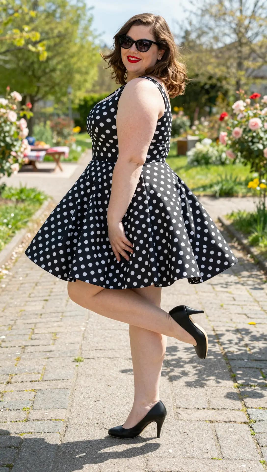 Black Polka Dot Cotton Fit and Flare Dress + Black Classic Pumps