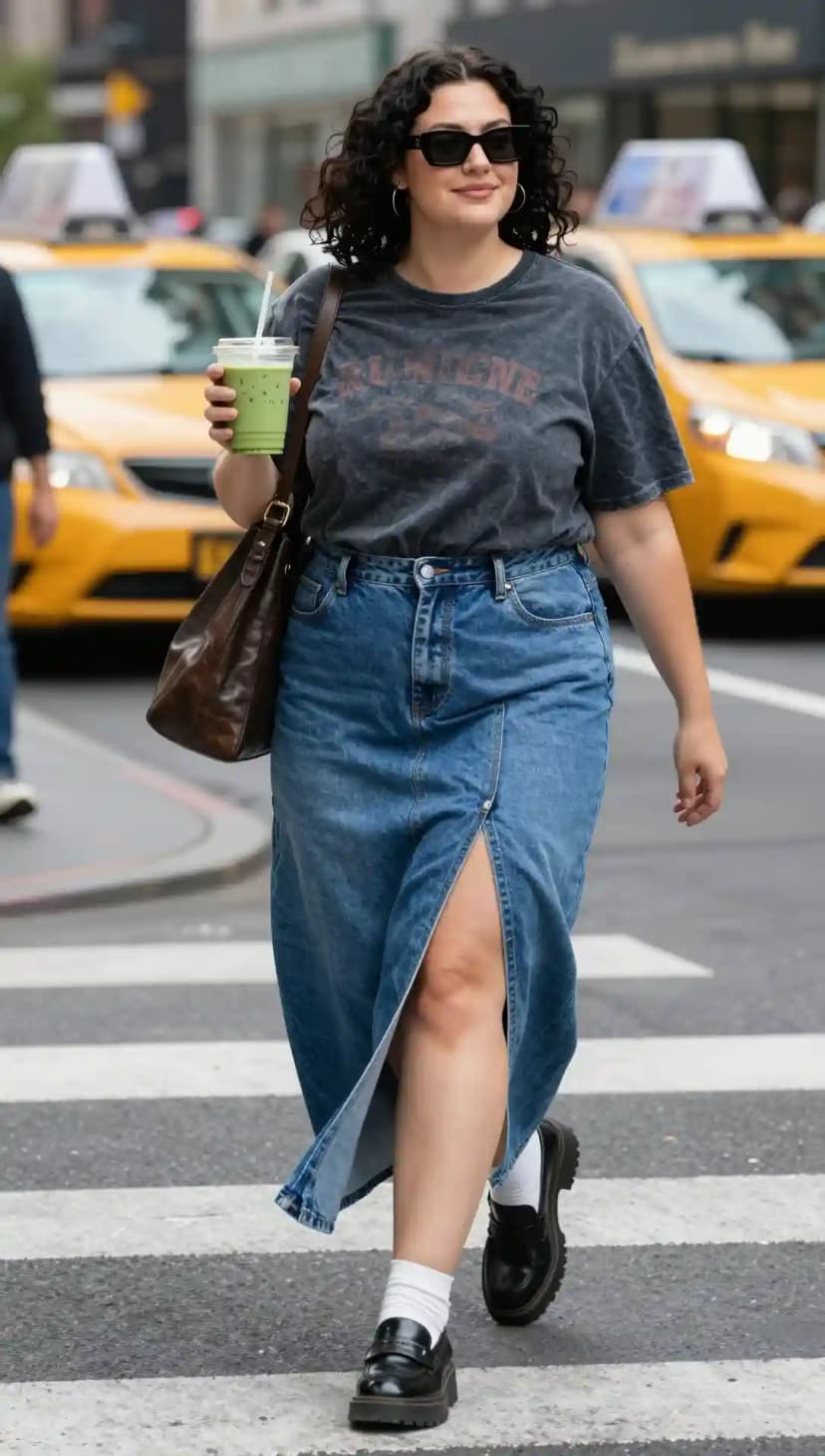 Grey Graphic T-shirt + Blue Denim Maxi Skirt