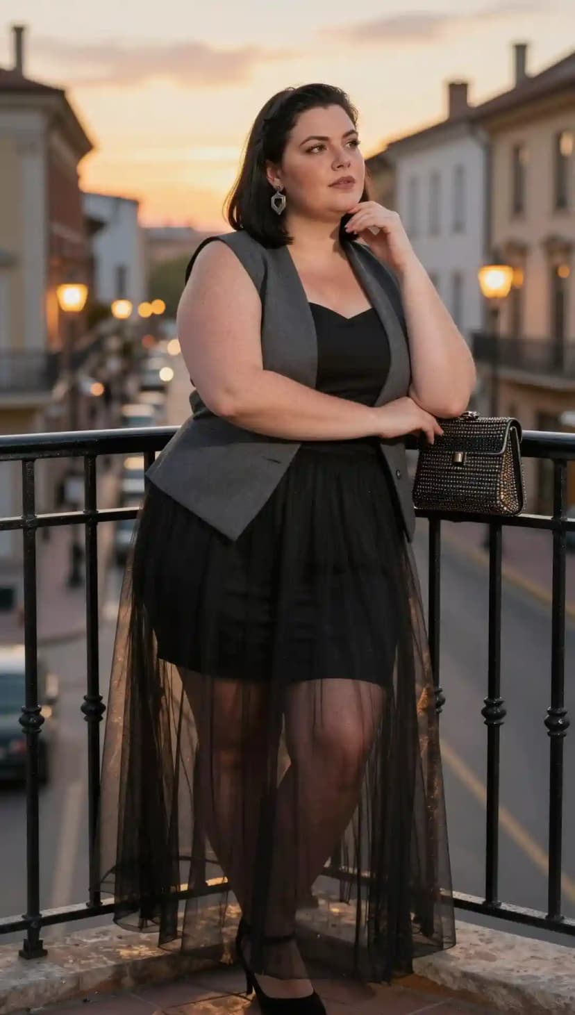 Black Sweetheart Neckline Bodysuit + Grey Wool Vest + Black Tulle Maxi Skirt