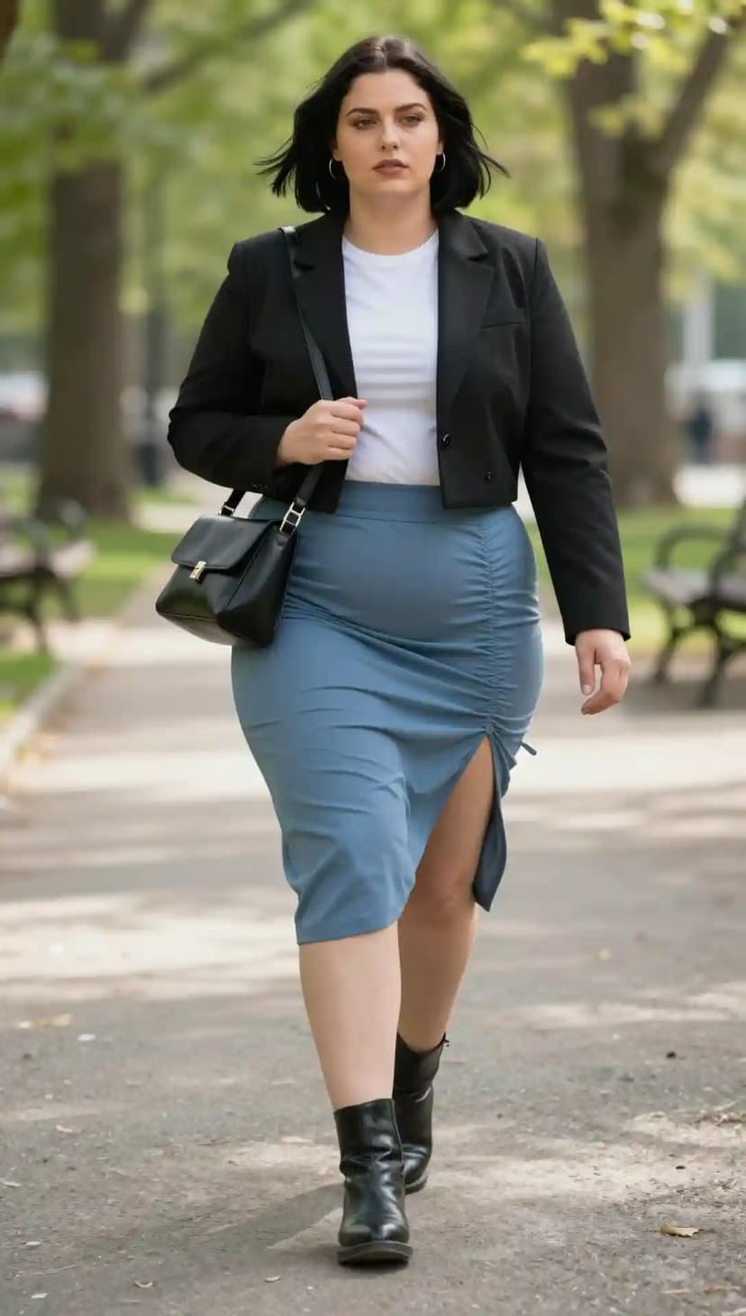 White Crew Neck T-Shirt + Black Cropped Blazer + Blue Ruched Midi Skirt
