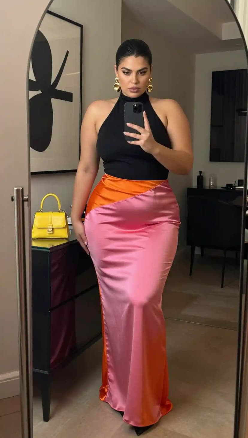 Black Halter Neck Top + Pink Orange Satin Maxi Skirt