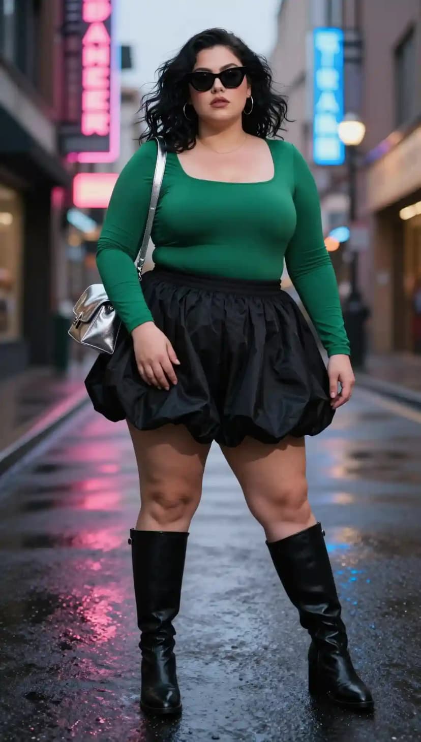 Green Long Sleeve Top + Black Balloon Skirt + Black Leather Boots