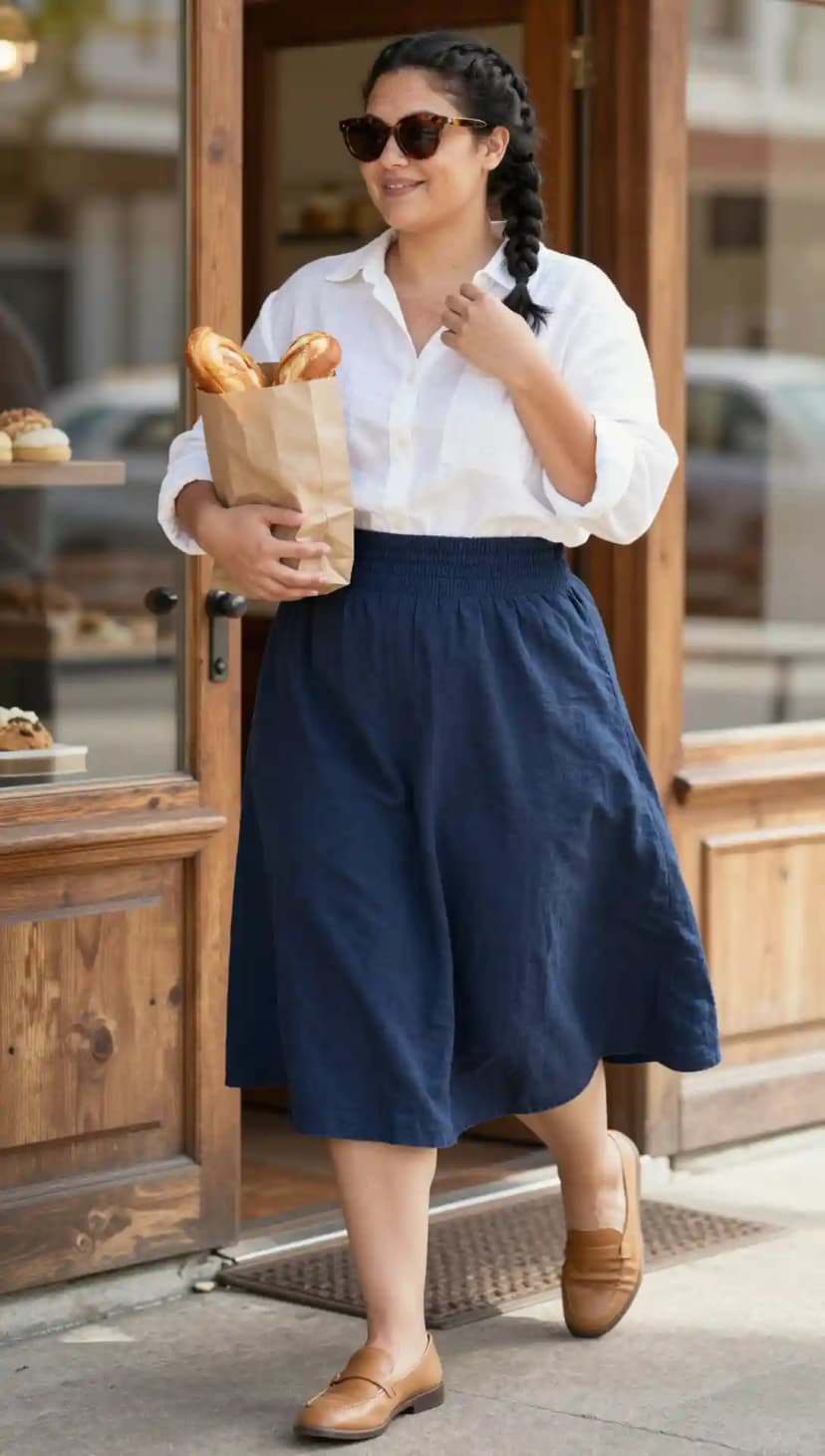 White Linen Shirt + Navy Linen Skirt + Tan Leather Loafers