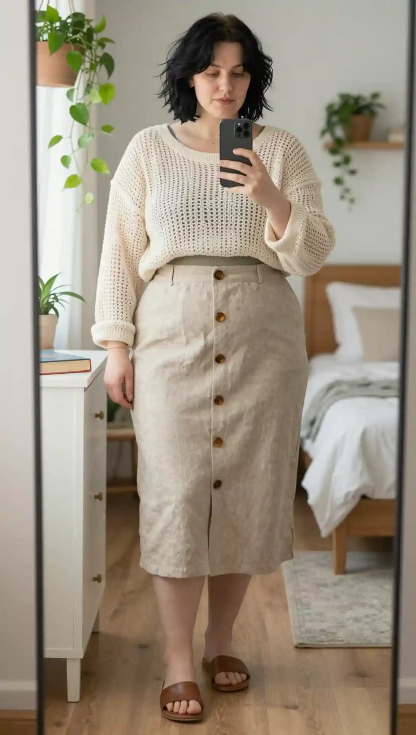 Cream Open Knit Sweater + Beige Linen Button-Up Skirt