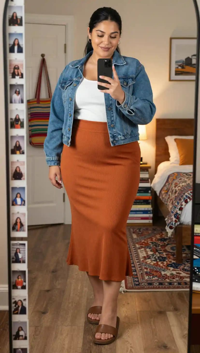 White Ribbed Tank Top + Blue Denim Jacket + Burnt Orange Ribbed Midi Skirt