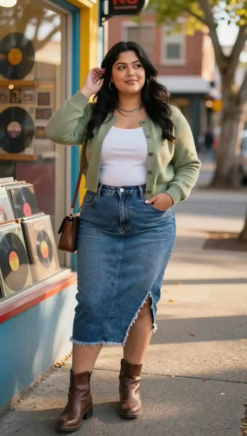 White Ribbed Tank Top + Sage Knit Cardigan + Blue Denim Midi Skirt