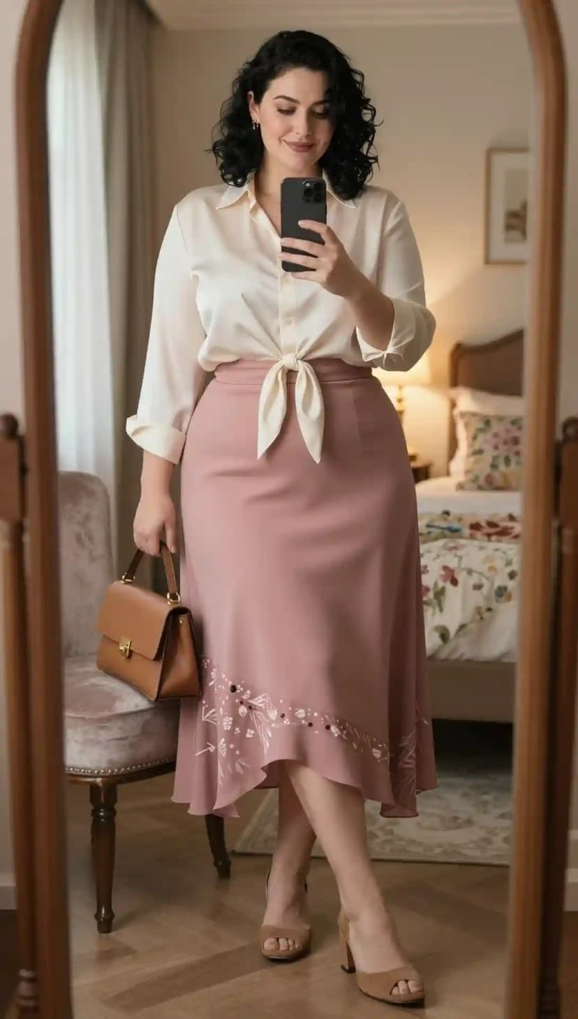 Cream Silk Button-Up Shirt + Pink Chiffon Midi Skirt