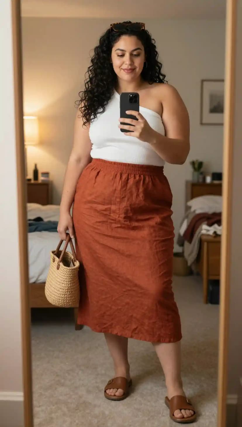White Ribbed Knit Top + Terracotta Linen Midi Skirt + Brown Leather Slides