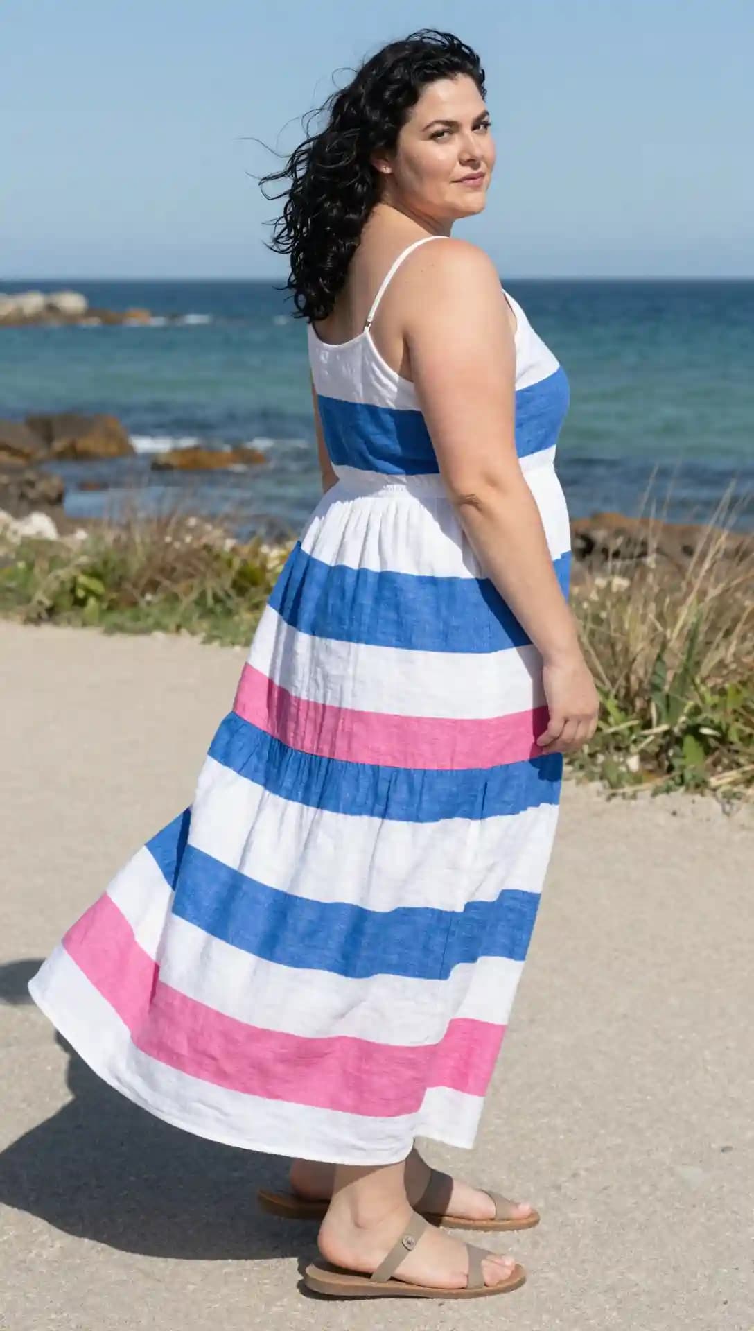 White Linen Stripe Maxi Dress + Taupe Flat Sandals