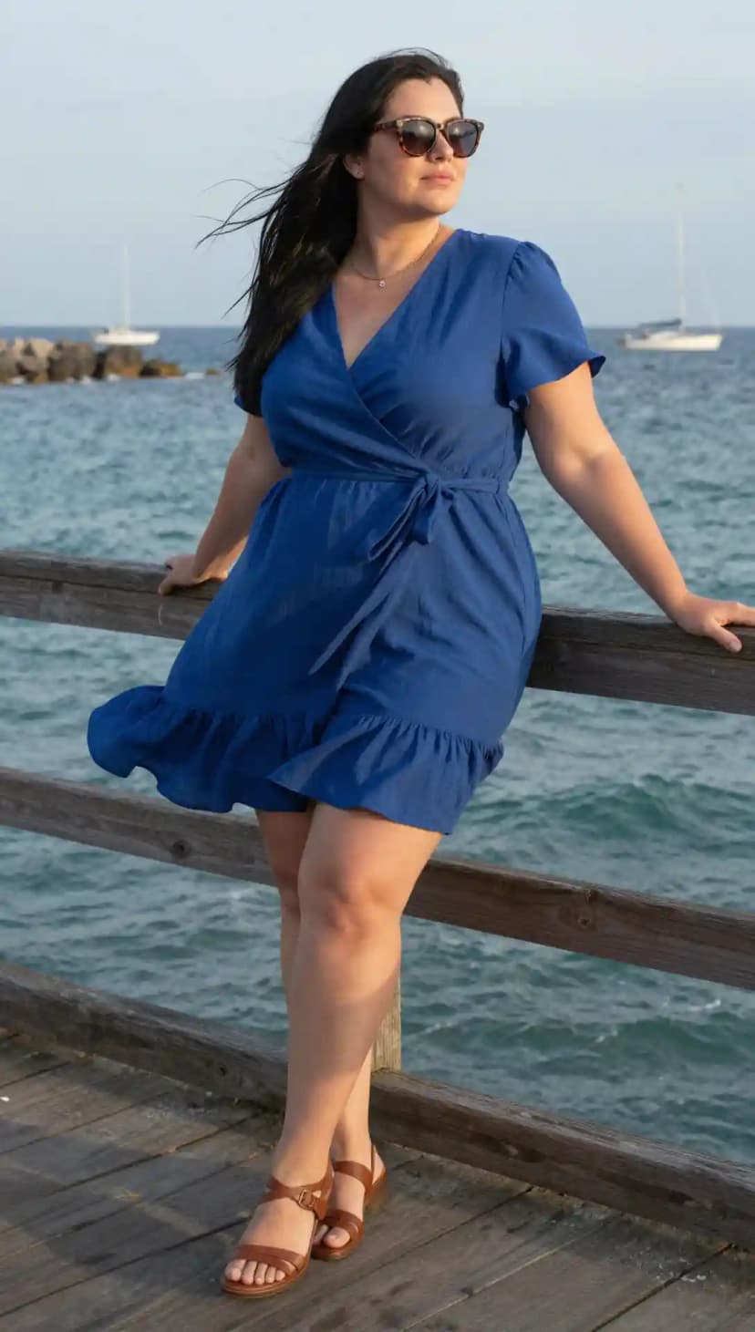 Blue Linen Wrap Dress + Brown Leather Strappy Sandals