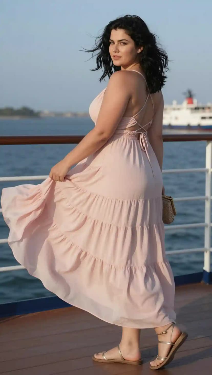 Blush Chiffon Tiered Maxi Dress + Gold Strappy Flat Sandals + Gold Woven Clutch