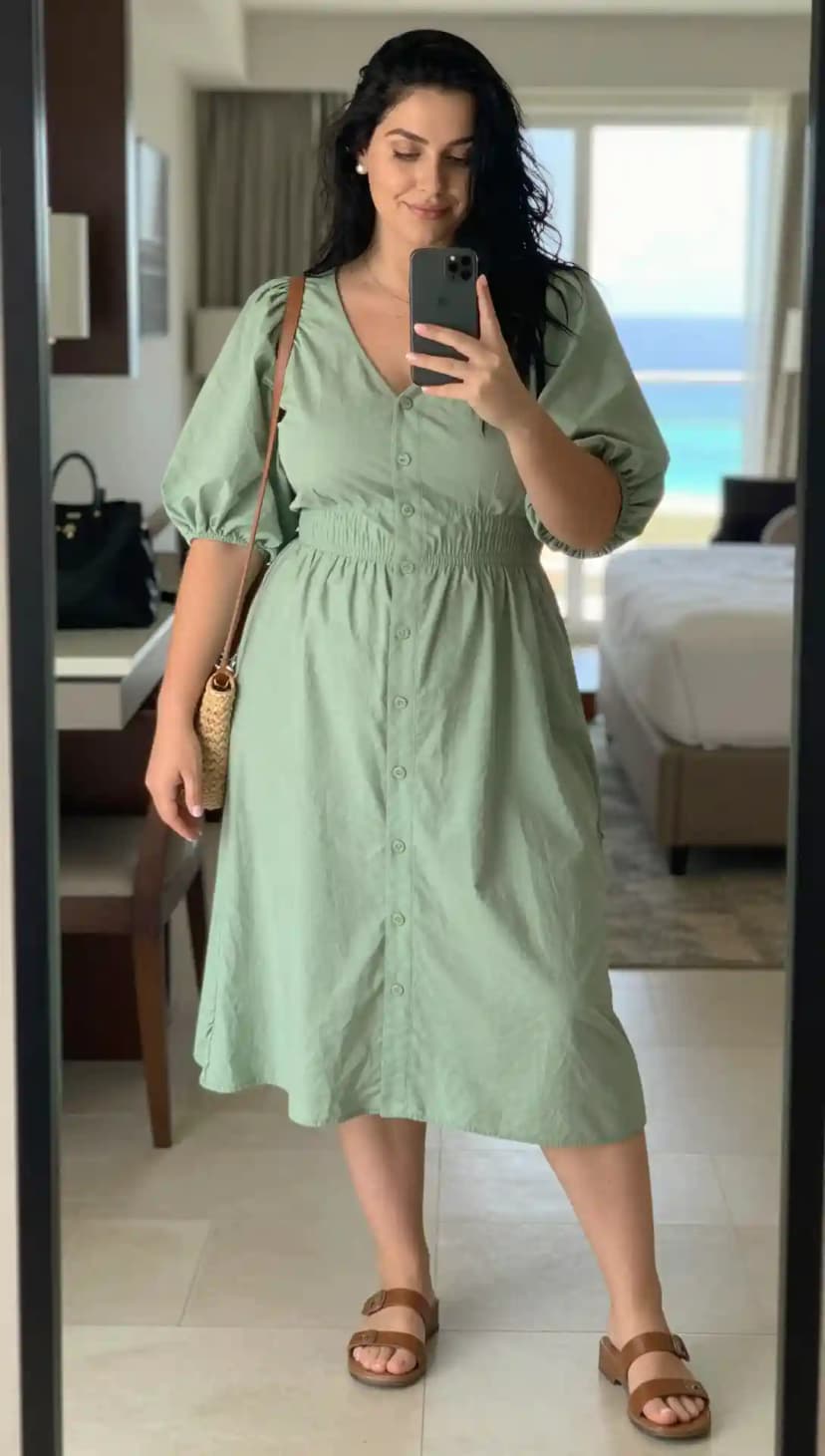 Sage Green Cotton Midi Dress + Tan Leather Slides + Straw Crossbody Bag