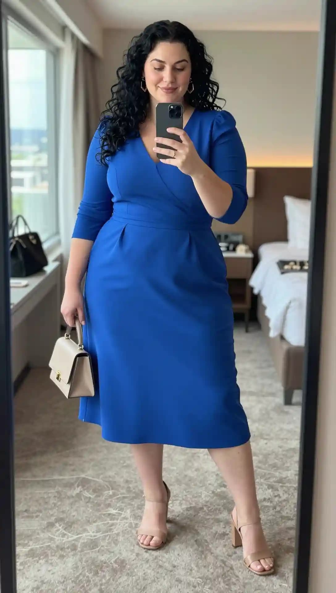 Royal Blue Jersey Wrap Dress + Nude Block Heel Sandals + Beige Structured Top Handle Bag