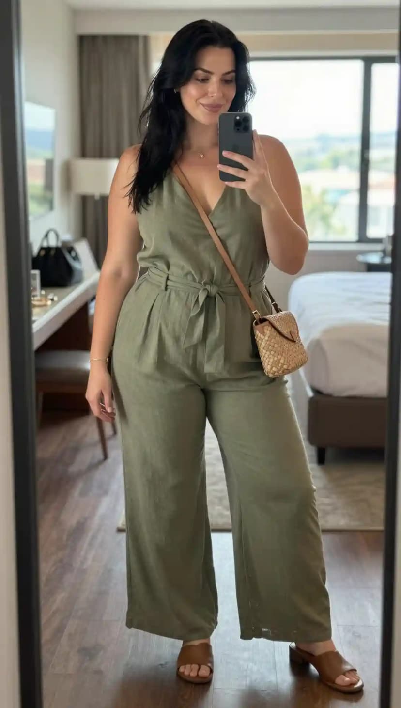 Olive Linen Wide-Leg Jumpsuit + Brown Leather Slide Sandals + Woven Straw Crossbody Bag