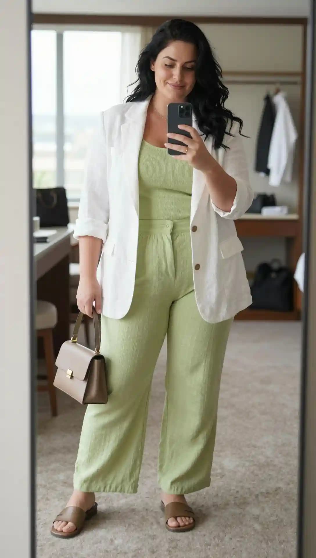 White Linen Blazer + Olive Ribbed Tank Top + Olive Linen Wide-Leg Trousers + Brown Leather Slides