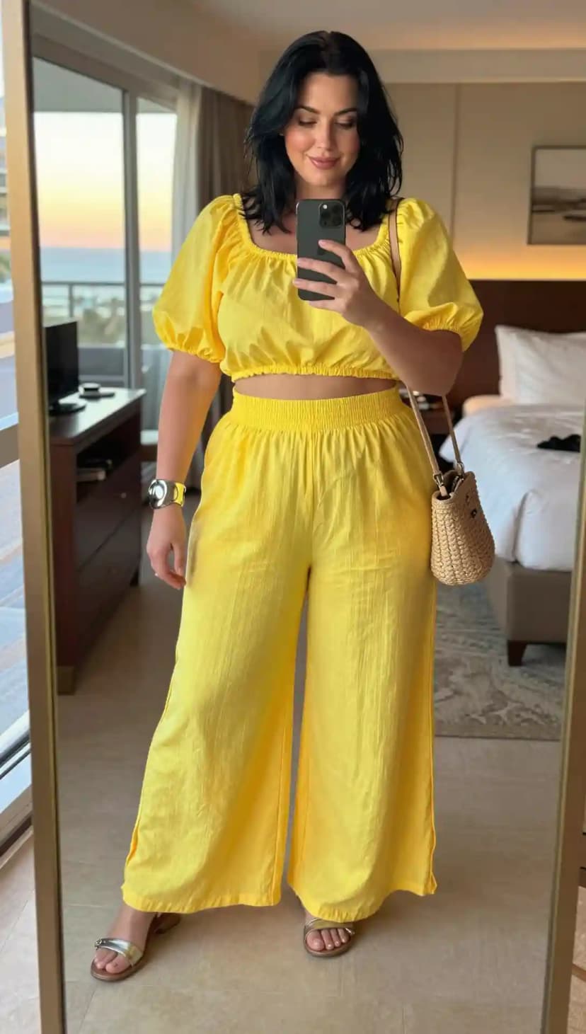 Yellow Linen Crop Top + Yellow Linen Wide-Leg Pants + Silver Flat Sandals