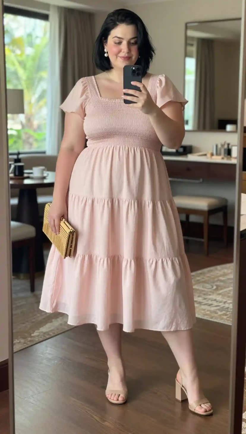 Pale Pink Cotton Smocked Midi Dress + Bamboo Woven Clutch + Nude Block Heel Sandals