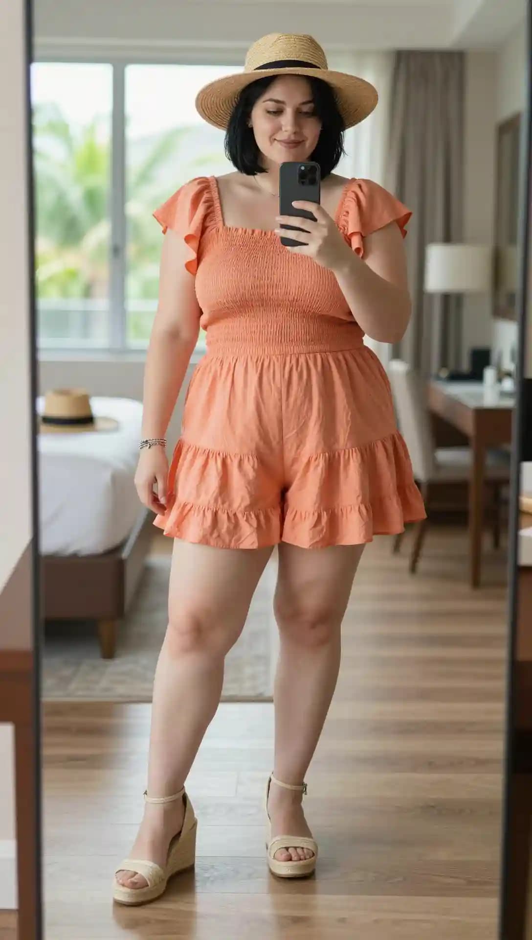 Coral Smocked Ruffle Romper + Natural Straw Sun Hat + Natural Espadrille Wedge Sandals