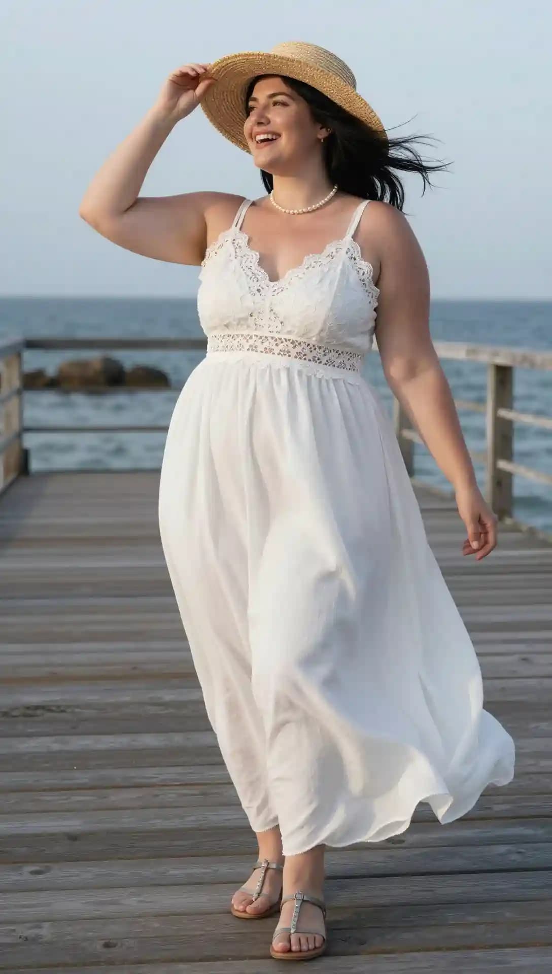 White Lace Trim Maxi Dress + Straw Sun Hat + Pearl Necklace + Silver Studded Sandals