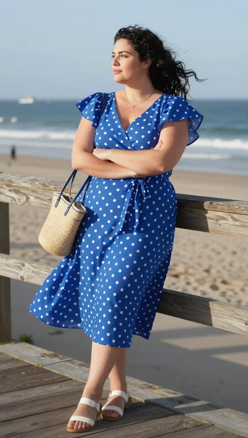 Blue Polka Dot Cotton Wrap Dress + White Leather Flat Sandals