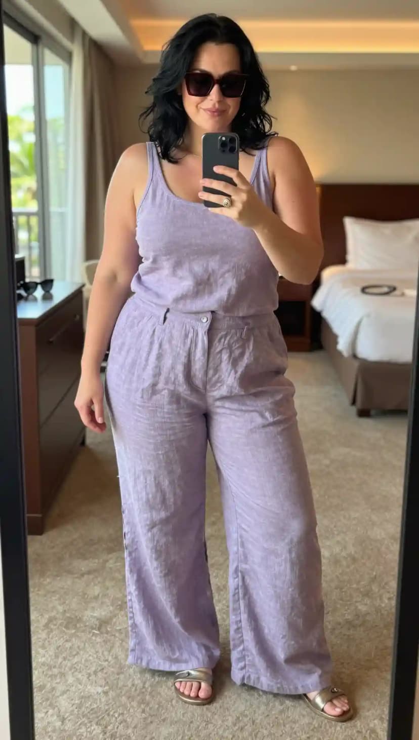 Lavender Linen Tank + Lavender Linen Wide-Leg Pants + Metallic Slide Sandals