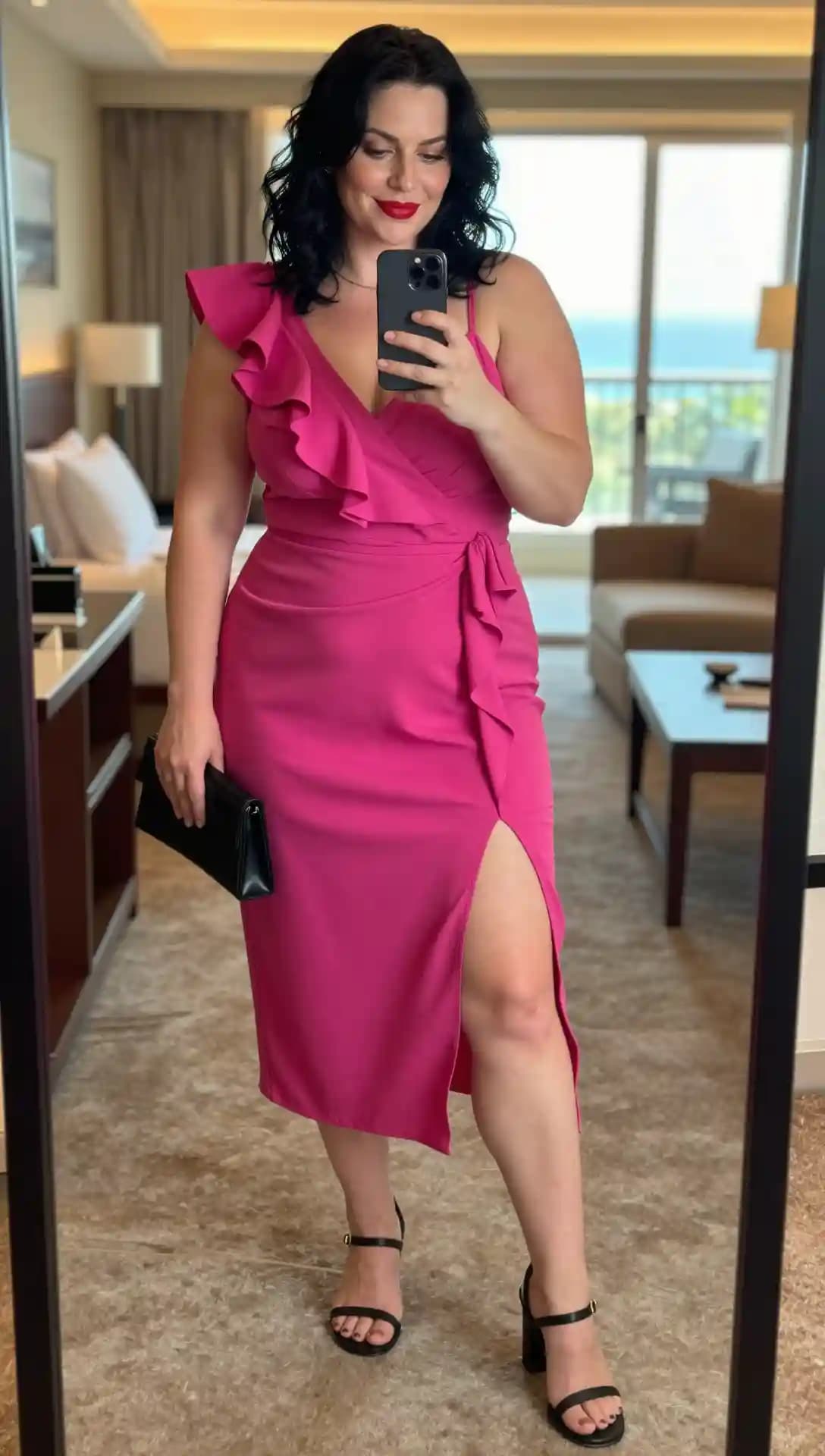 Fuchsia Ruffle Crepe Midi Dress + Black Strappy Heels + Black Clutch
