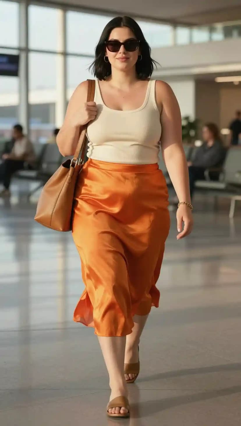 Cream Ribbed Tank Top + Orange Satin Midi Skirt