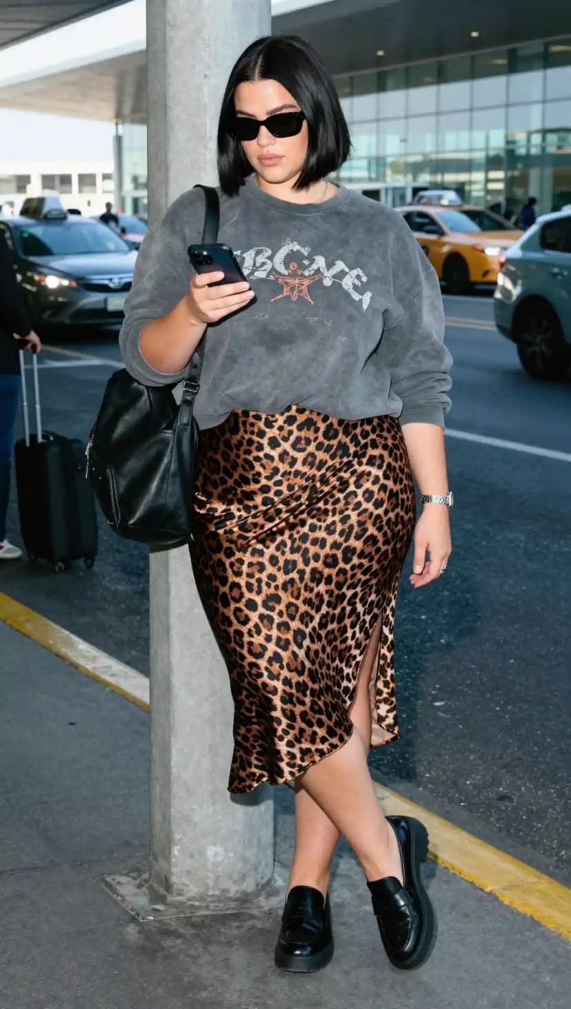 Grey Graphic Sweatshirt + Leopard Print Satin Midi Skirt