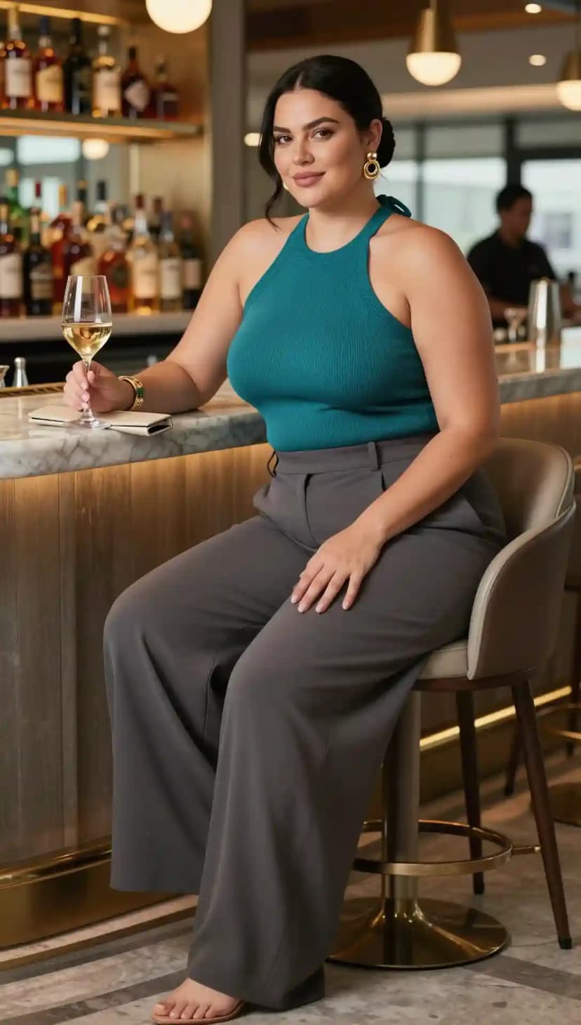 Teal Ribbed Knit Halter Top + Charcoal Wide-Leg Trousers