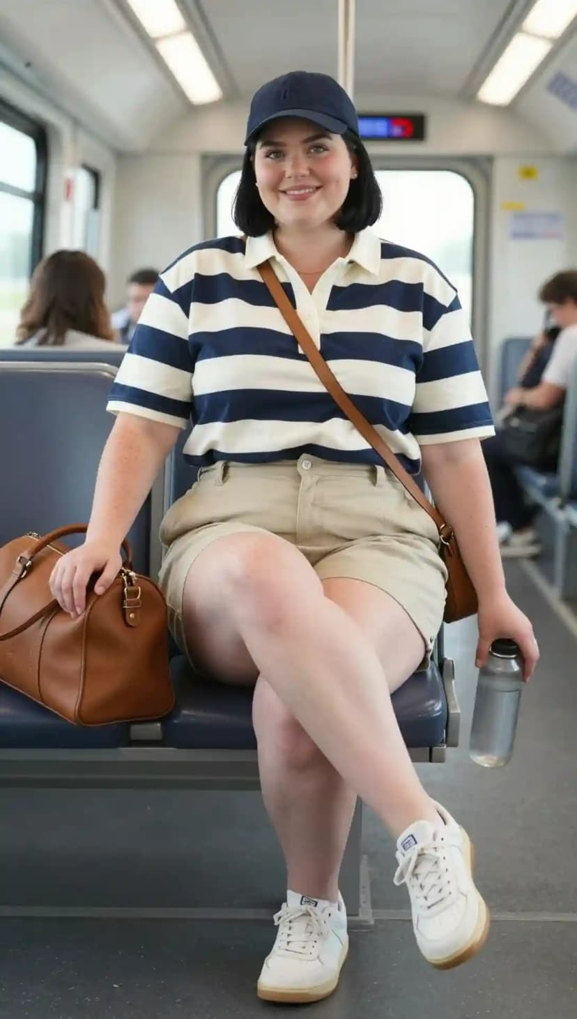 Navy and White Striped Cotton Polo Shirt + Khaki Twill Shorts