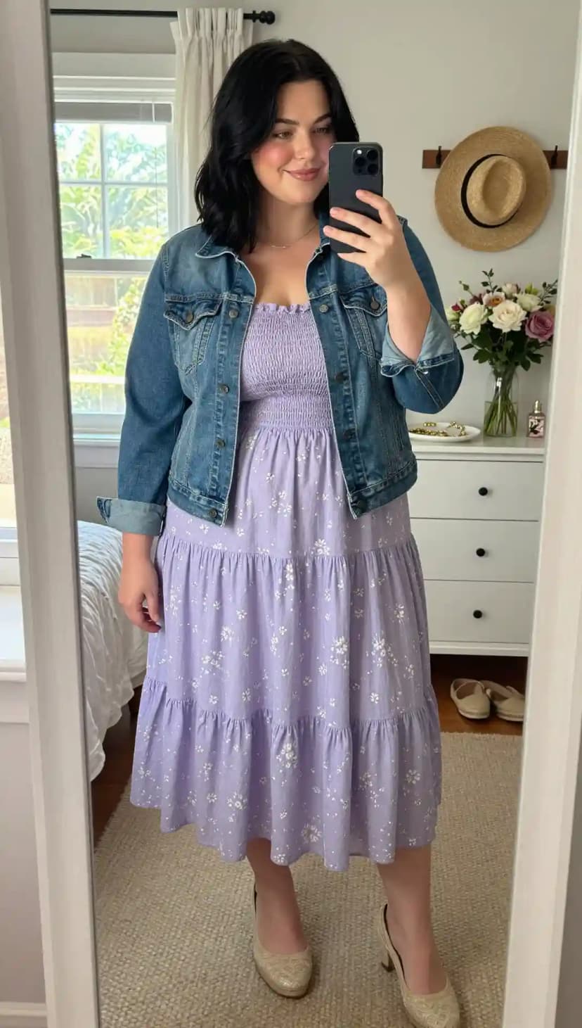 Blue Denim Jacket + Purple Floral Print Cotton Dress