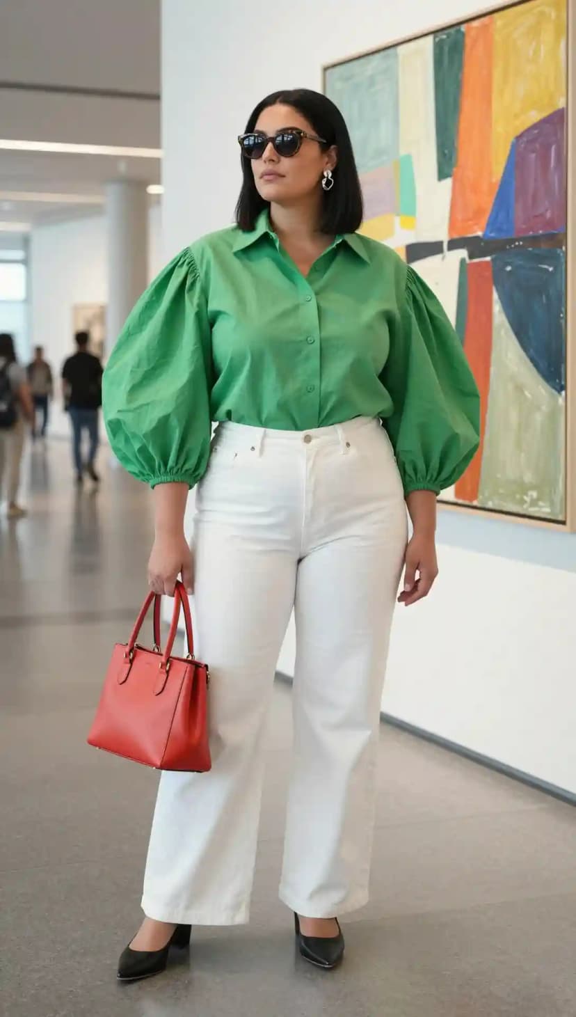 Green Cotton Puff Sleeve Shirt + White Denim Wide Leg Pants
