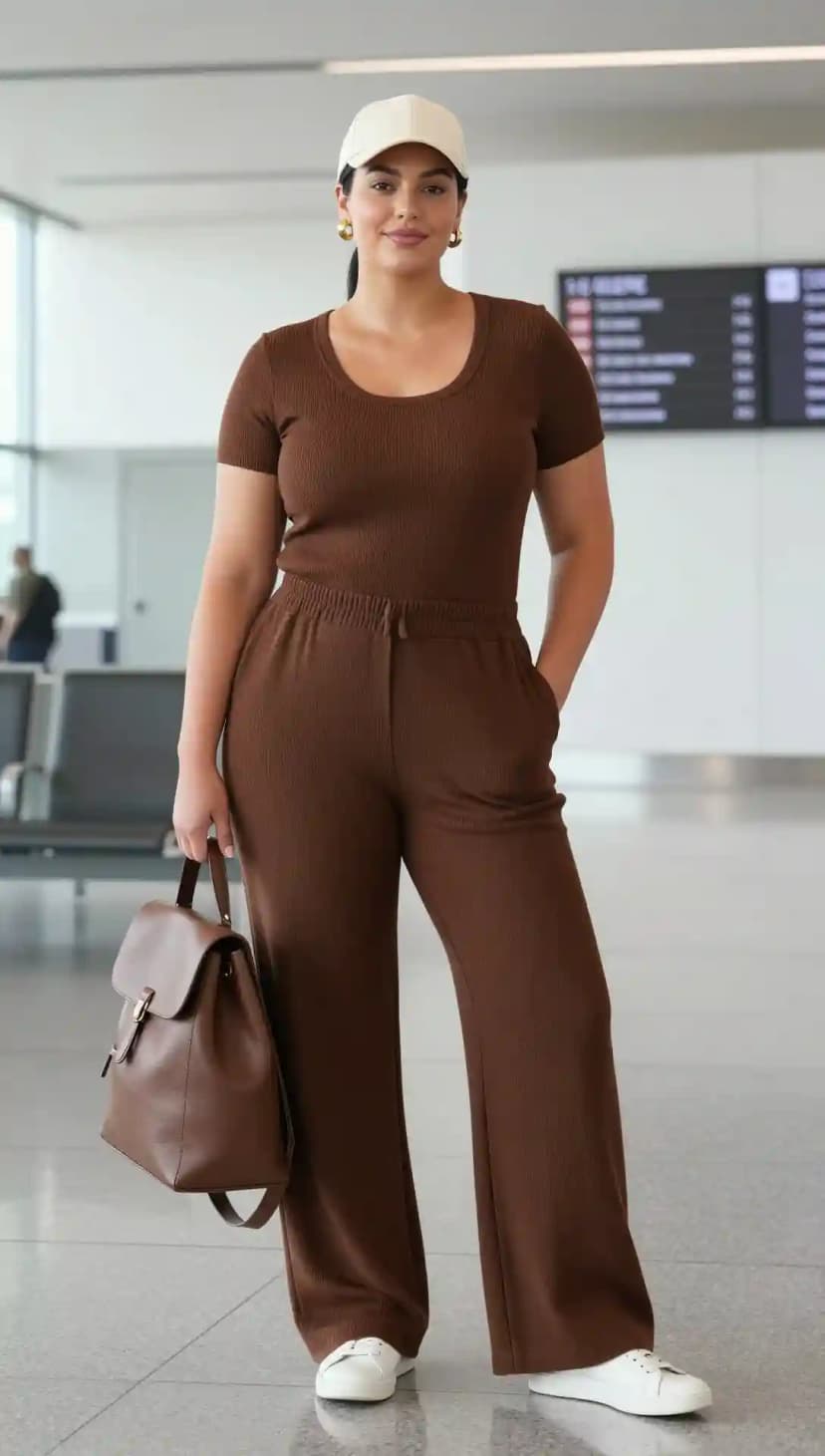 Brown Ribbed Knit Top + Brown Ribbed Knit Wide-Leg Pants