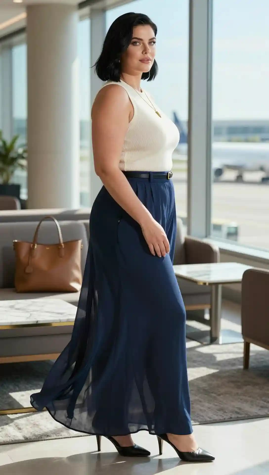 Cream Ribbed Knit Tank + Navy Flowy Wide-Leg Pants