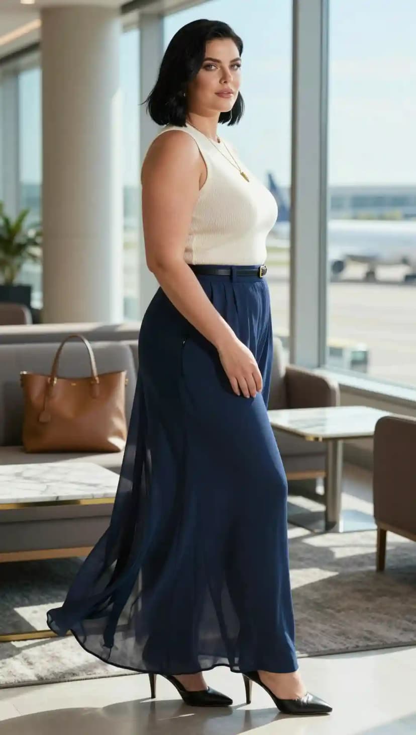 Cream Ribbed Knit Tank + Navy Flowy Wide-Leg Pants