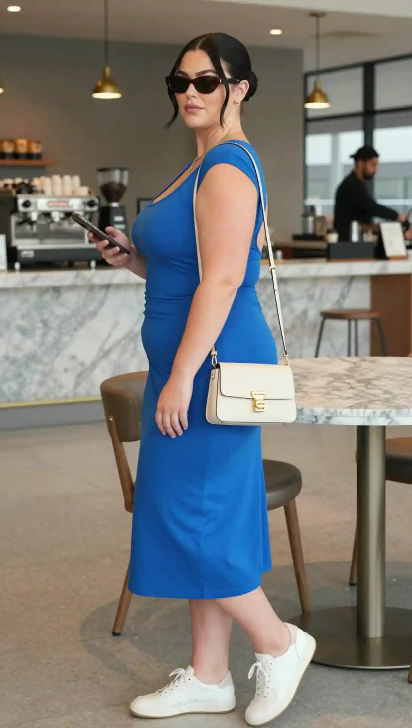 Blue Cotton Knit Midi Dress + White Leather Sneakers