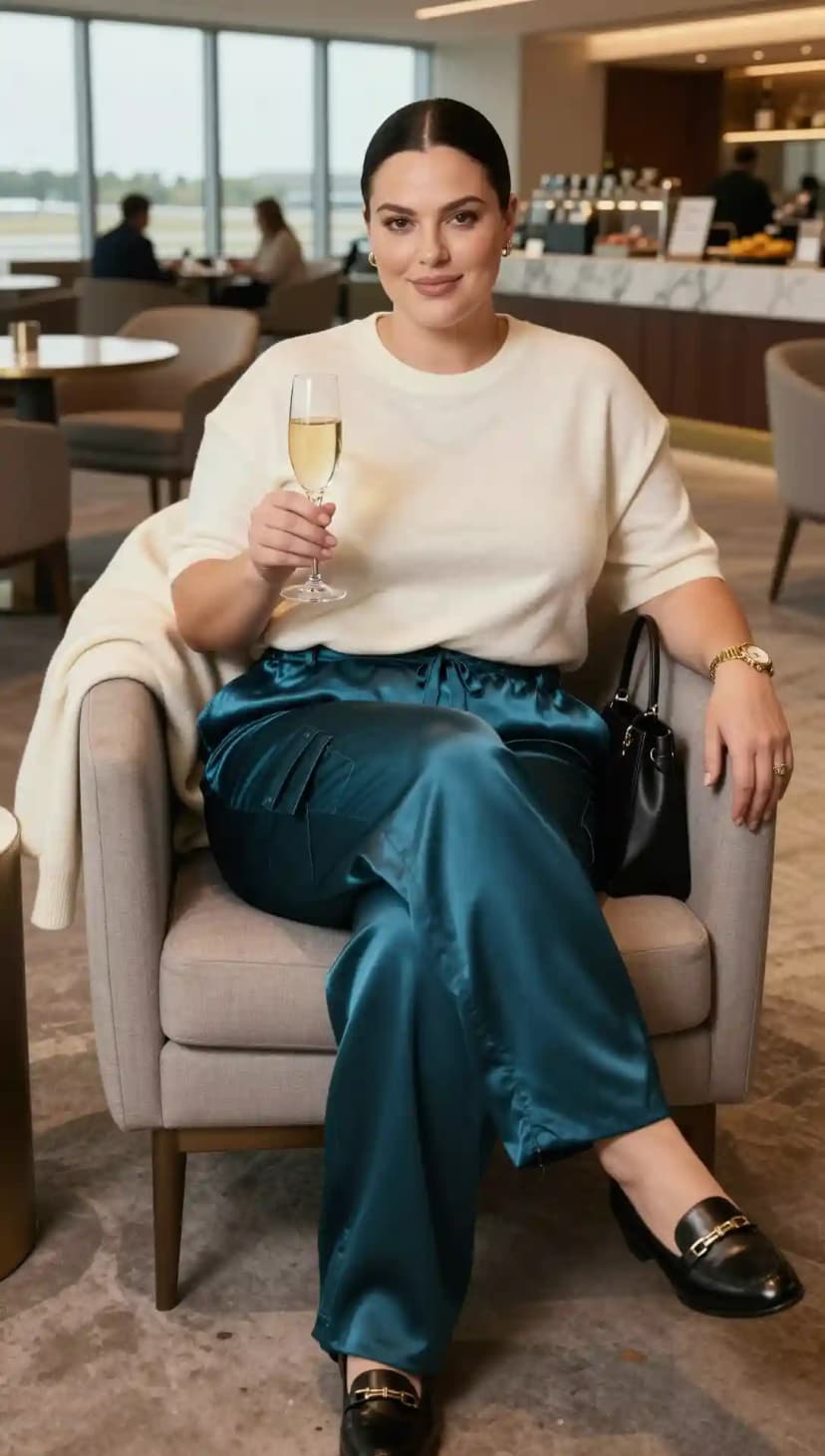 Cream Cashmere Sweater + Teal Satin Cargo Pants + Black Leather Loafers