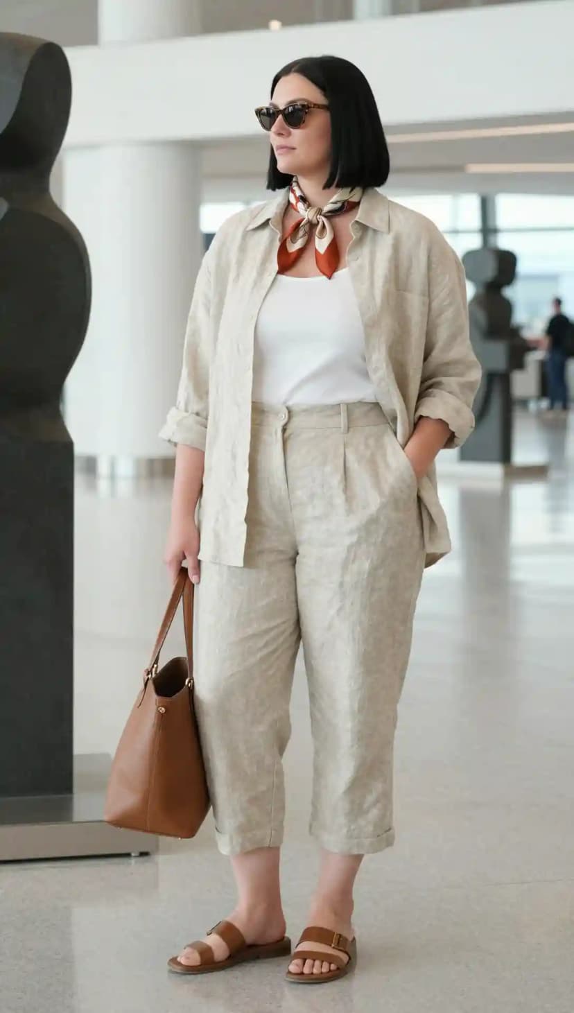 Beige Linen Button-Down Shirt + White Cotton Tank Top + Beige Linen Cropped Trousers