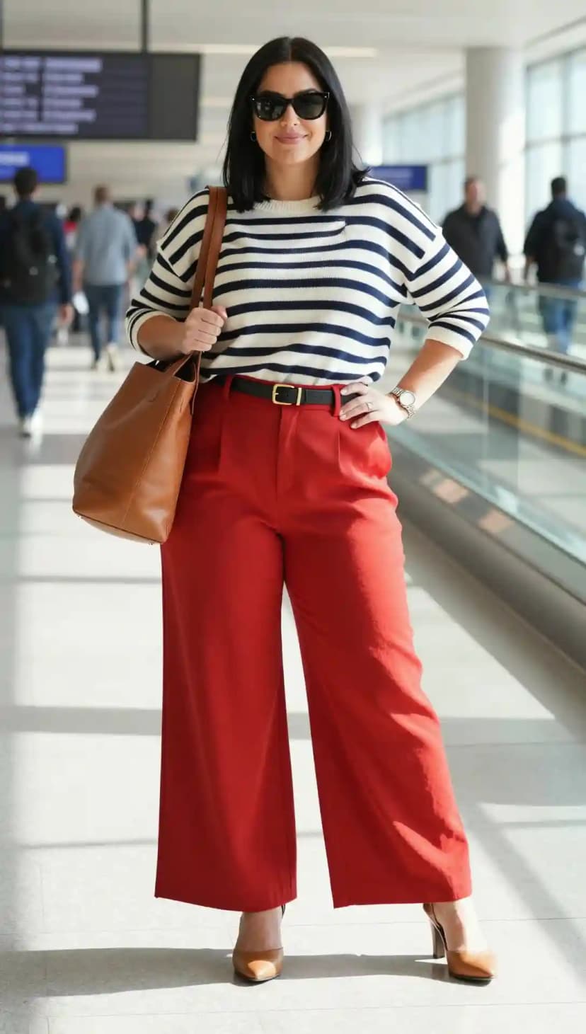 Navy Striped Cotton Sweater + Red Wide-Leg Trousers + Black Leather Belt