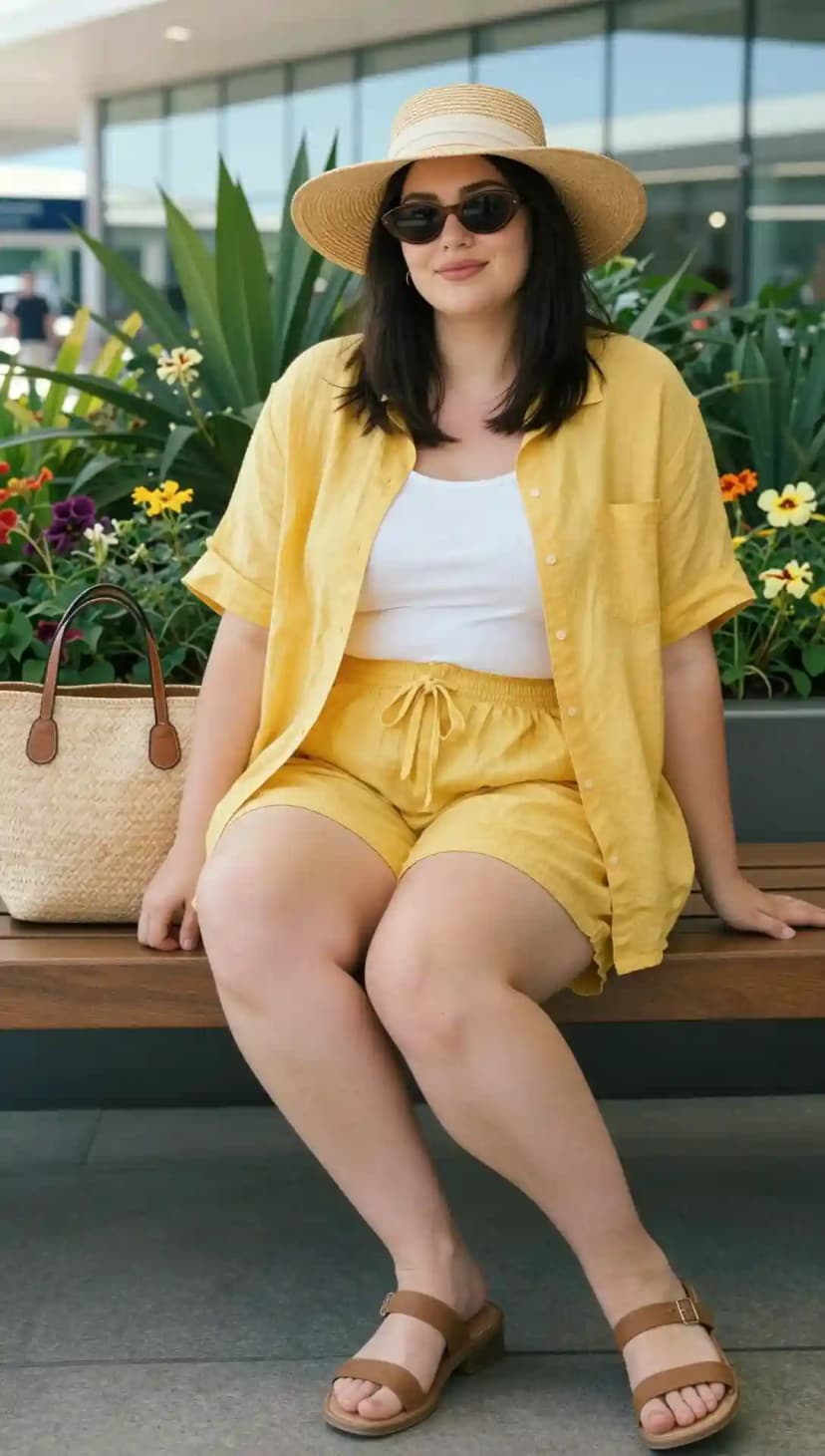 Yellow Linen Button-Up Shirt + White Tank Top + Yellow Linen Shorts