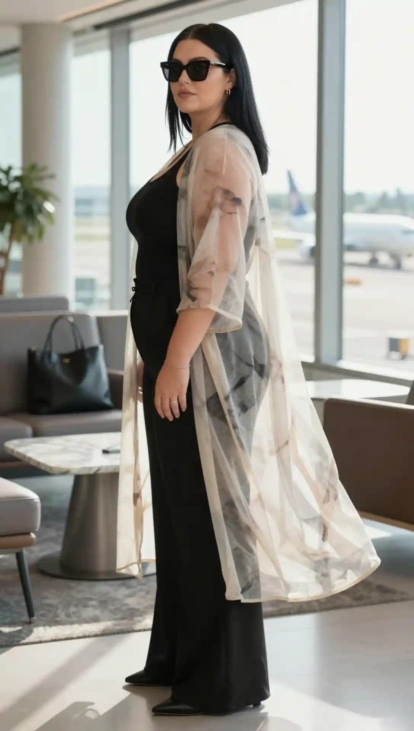 Black Ribbed Tank Top + Black Wide-Leg Trousers + Cream Floral Print Chiffon Kimono