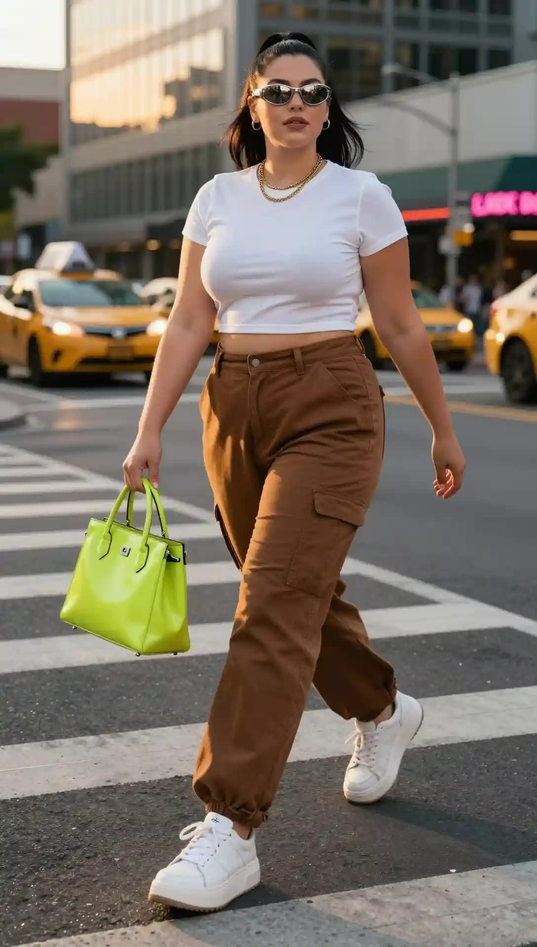 White Ribbed Cropped Top + Brown Cargo Pants + Chunky White Sneakers