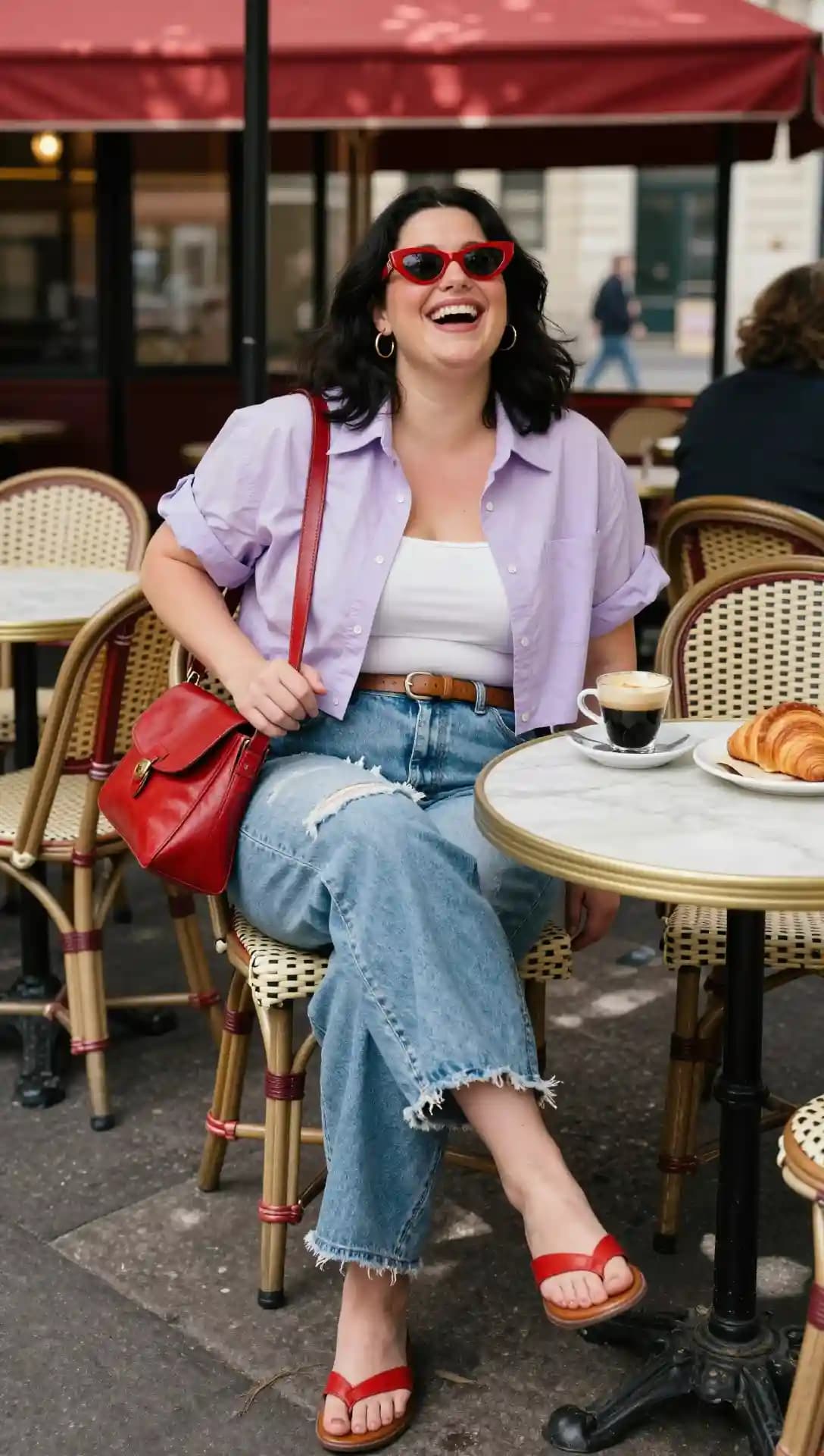 White Tank Top + Cropped Purple Button-Up Shirt + Distressed Jeans