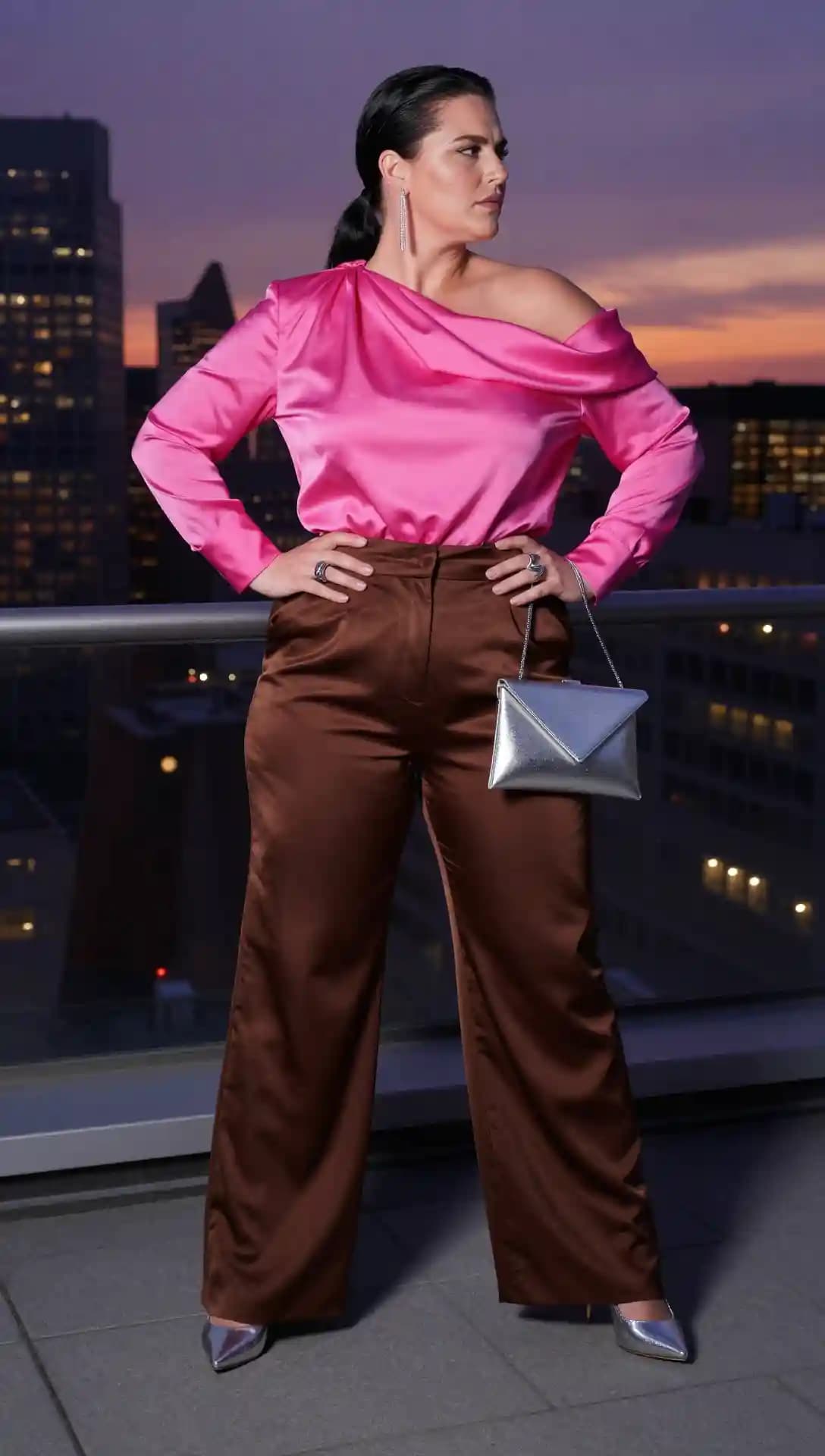 Pink Satin Off-the-Shoulder Top + Brown Satin Wide-Leg Pants + Silver Clutch