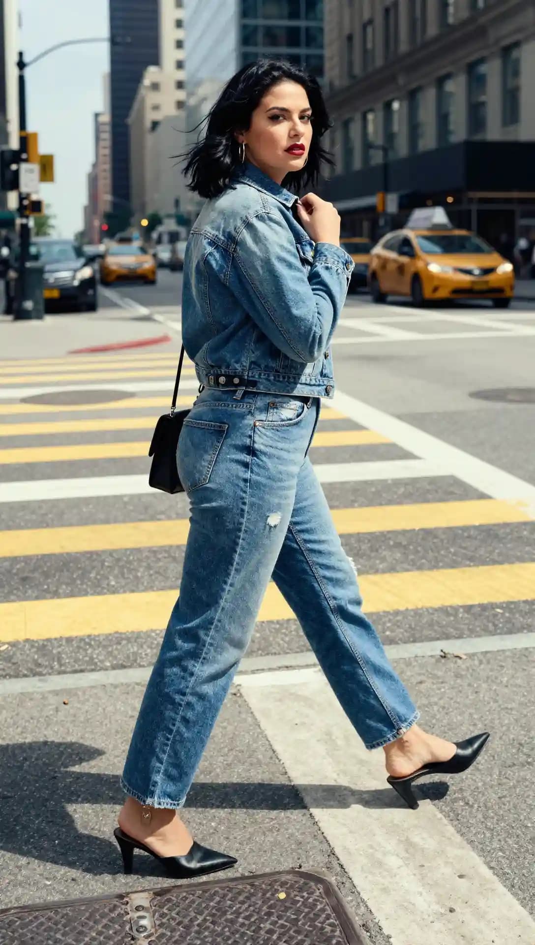 Denim Jacket + Blue Jeans + Black Pointed-Heel Mules