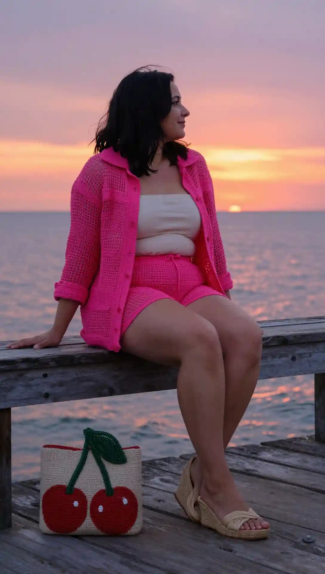 Pink Crochet Button-Up Shirt + Pink Crochet Shorts + Cream Bandeau Top