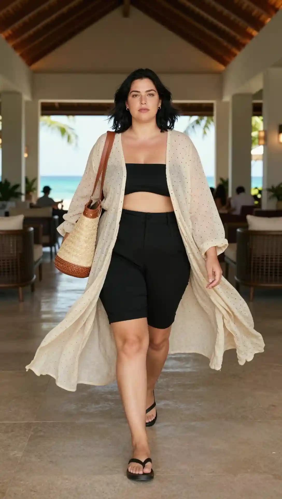 Black Tube Top + Black Biker Shorts + Beige Duster Kimono