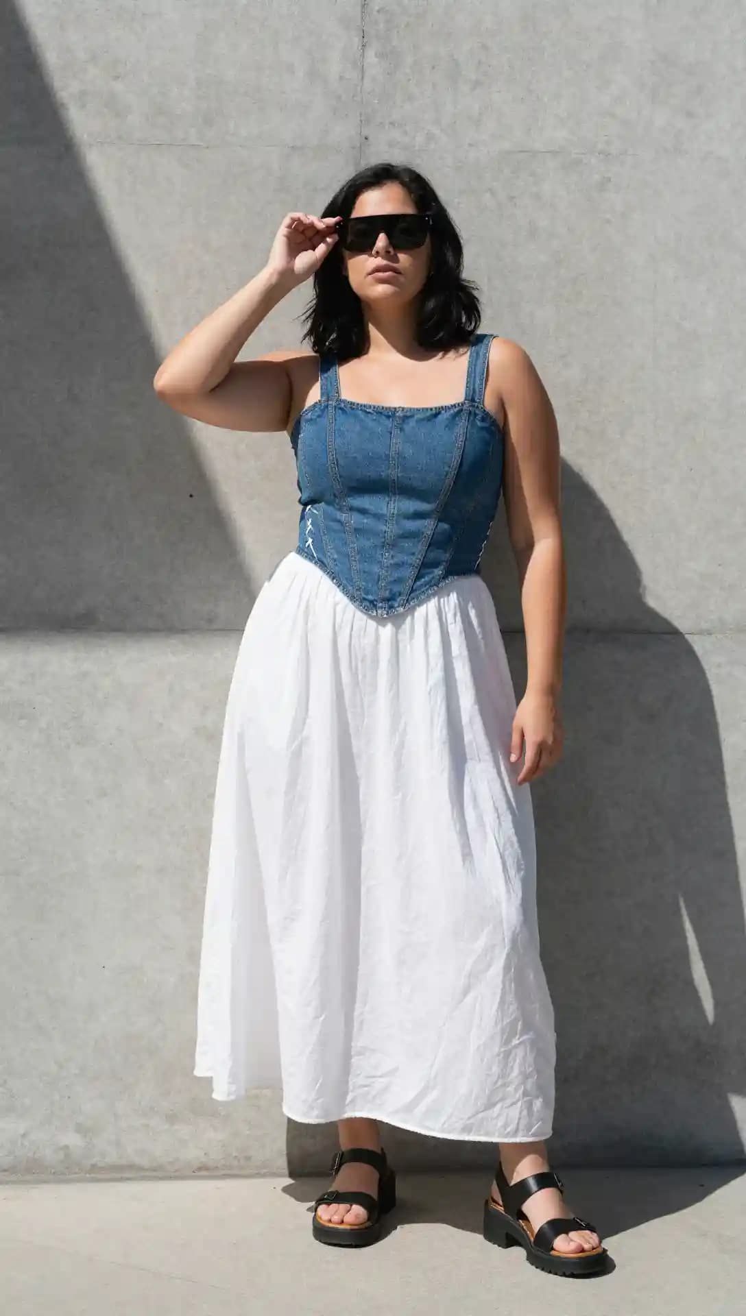 Denim Corset Top + White Cotton Maxi Skirt + Black Chunky Sandals