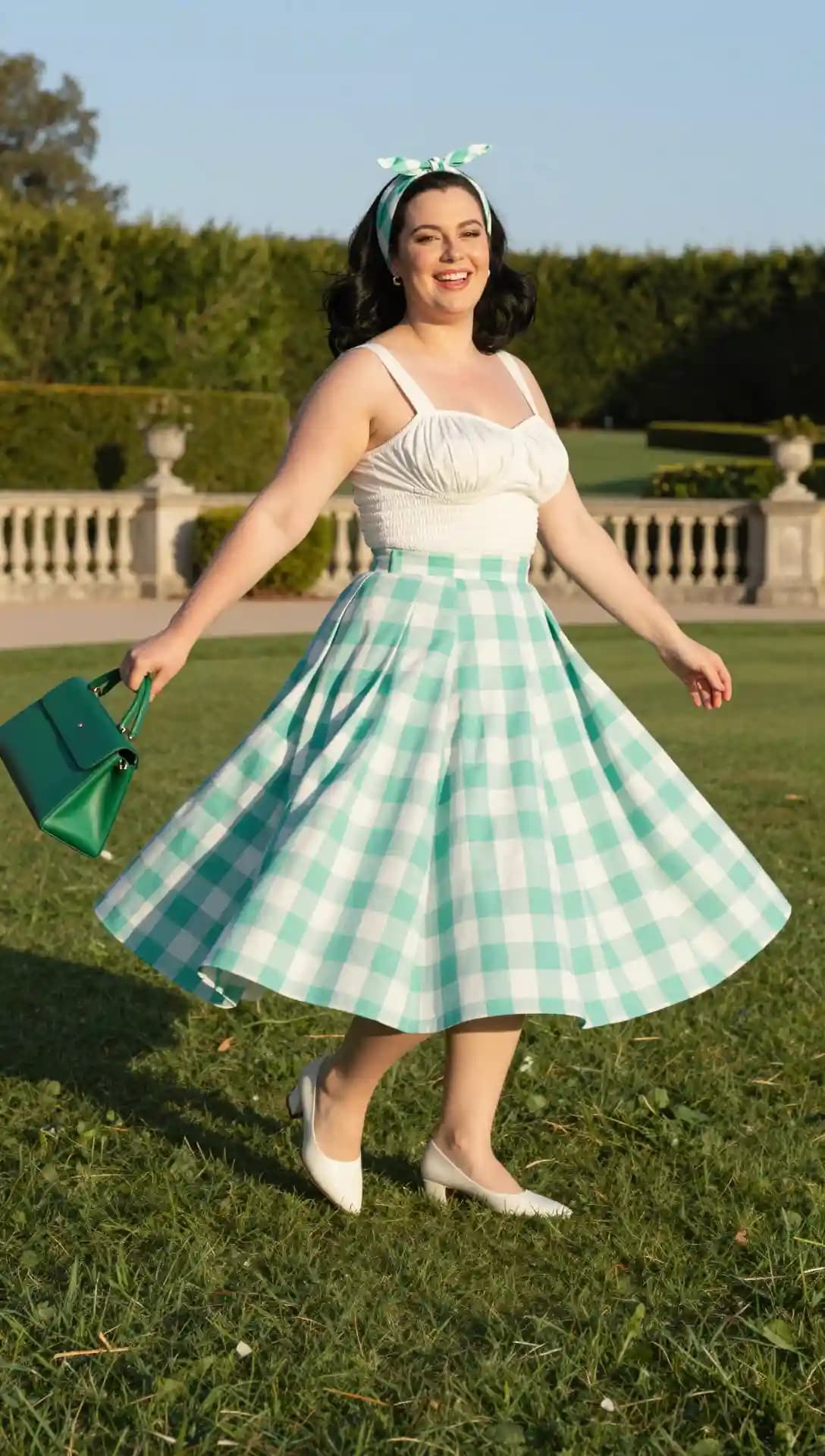 White Smocked Top + Teal Gingham Circle Skirt + White Heels