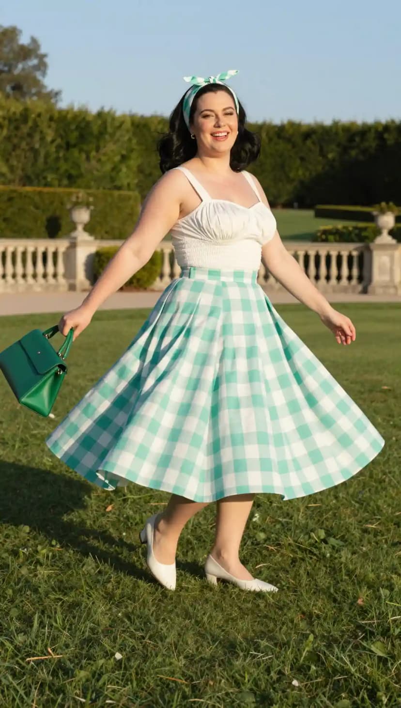 White Smocked Top + Teal Gingham Circle Skirt + White Heels + Green Handbag + Headscarf